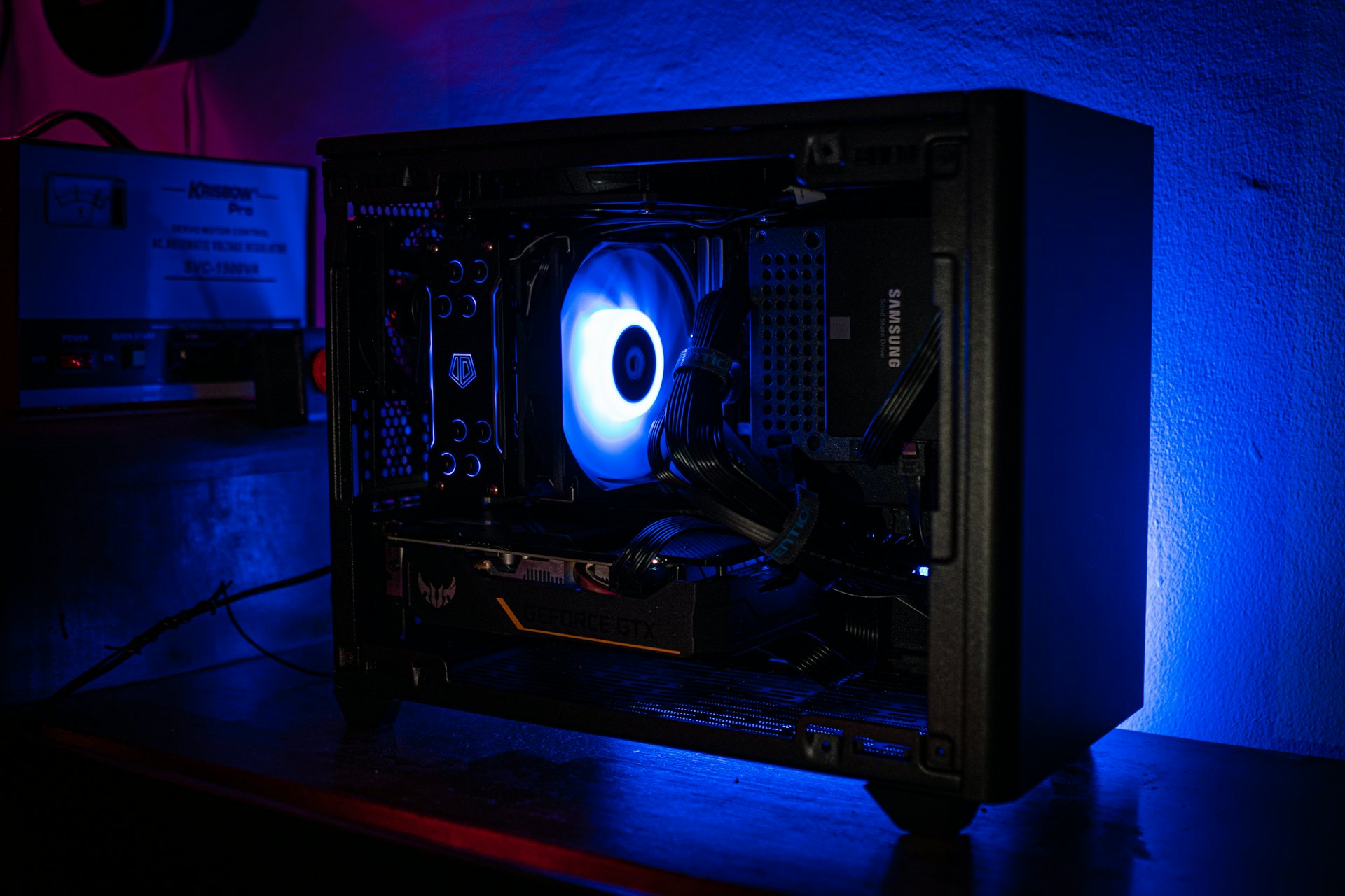 Custom PC with blue lighting